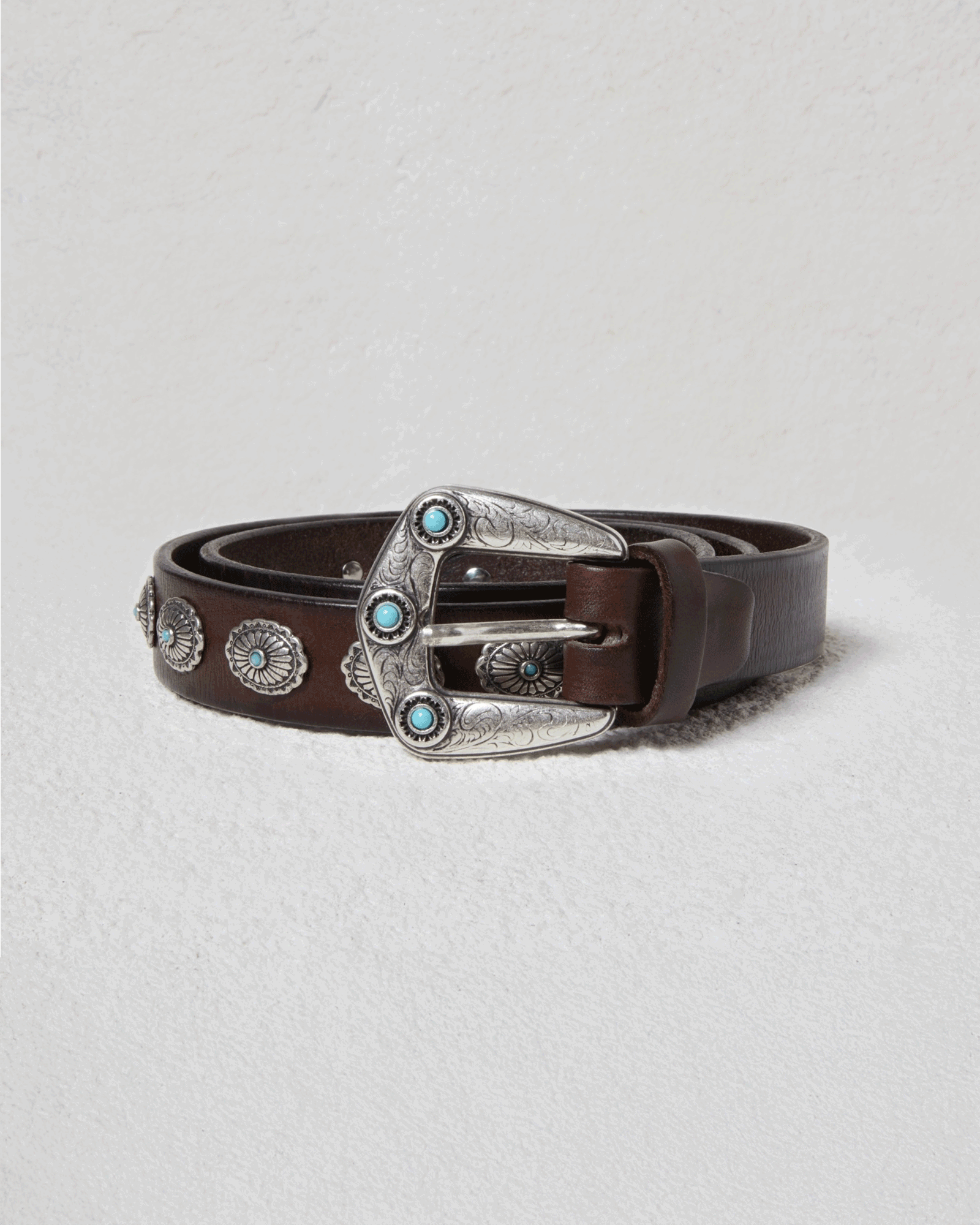 Dark Brown Leather Belt With Blue Colored Studs