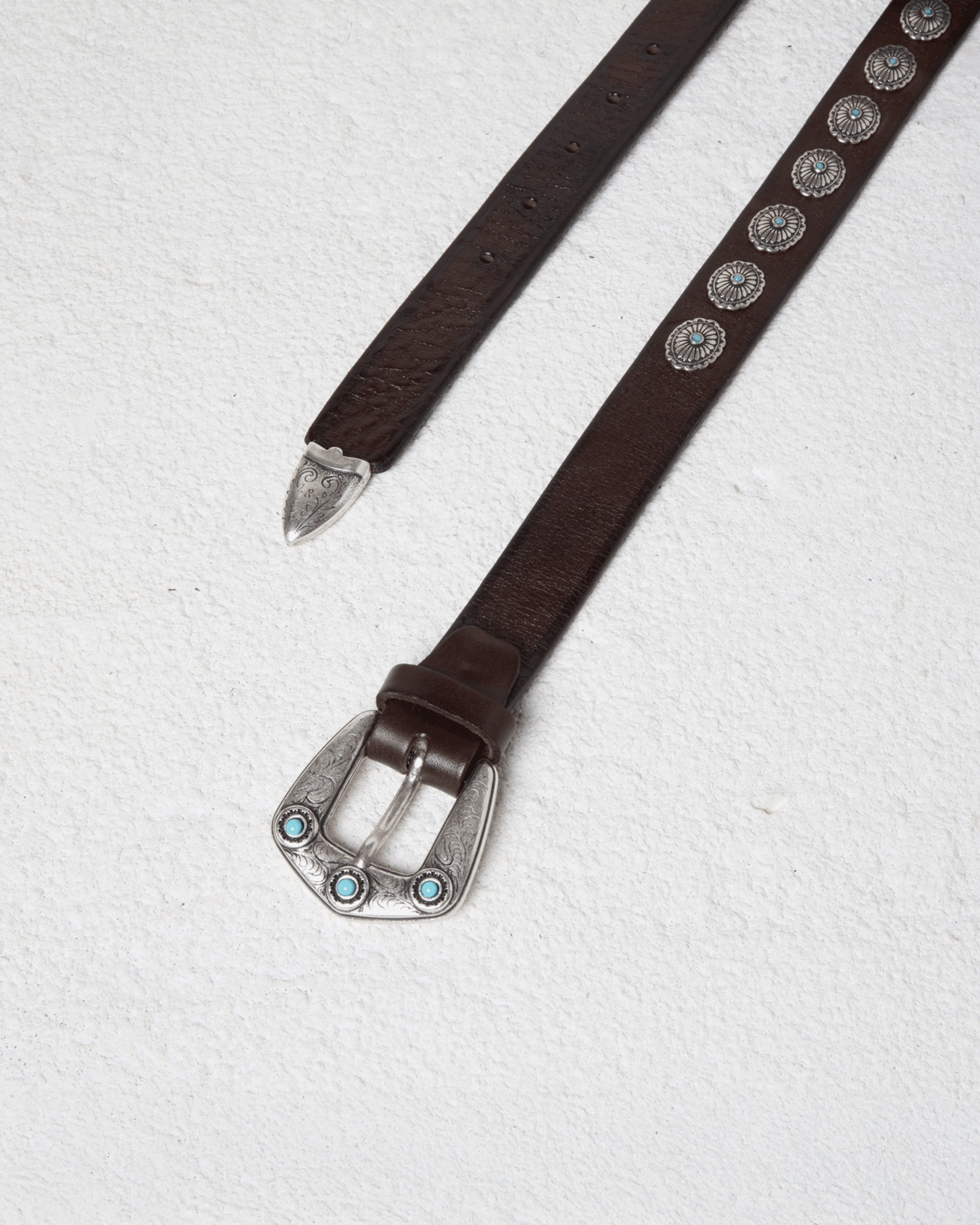 Dark Brown Leather Belt With Blue Colored Studs
